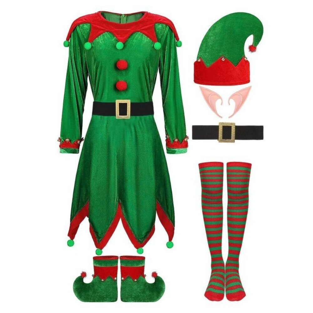 Elf Costume Set With Hat Belt & Stockings
